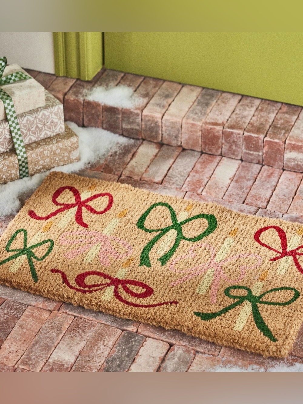 Anthropologie Bow Candles printed coir doormat a festive holiday bow pattern